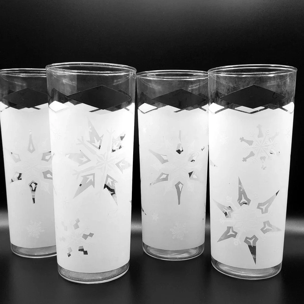 Anchor Hocking Frosted Snowflake Tall Glass Tumblers MCM Black White Diamond Bar